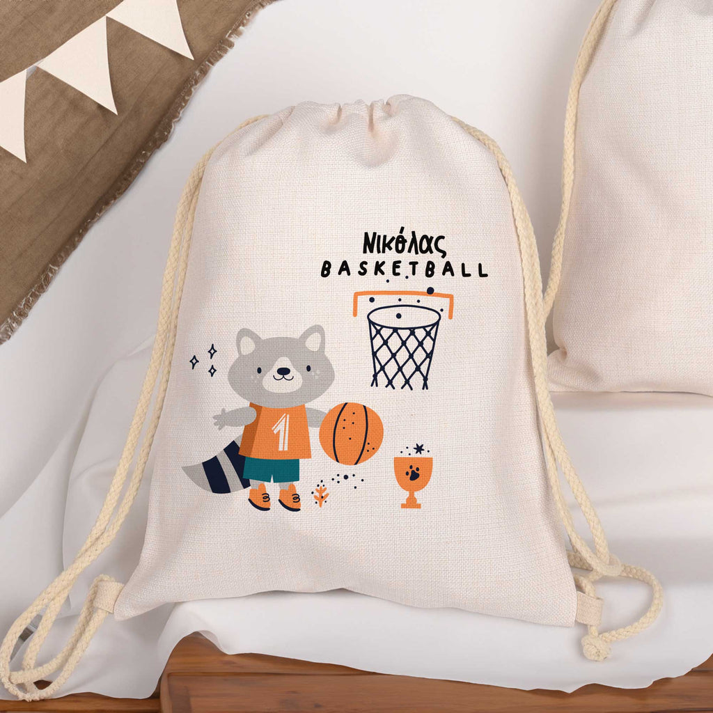 Basketball Racoon - Drawstring Bag Linen