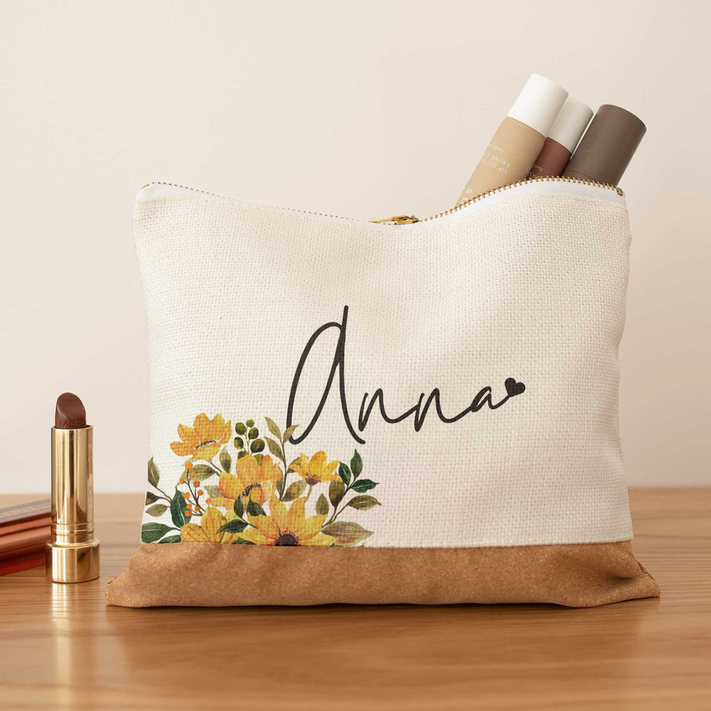 Yellow Flowers - Linen Makeup Bag With Cork