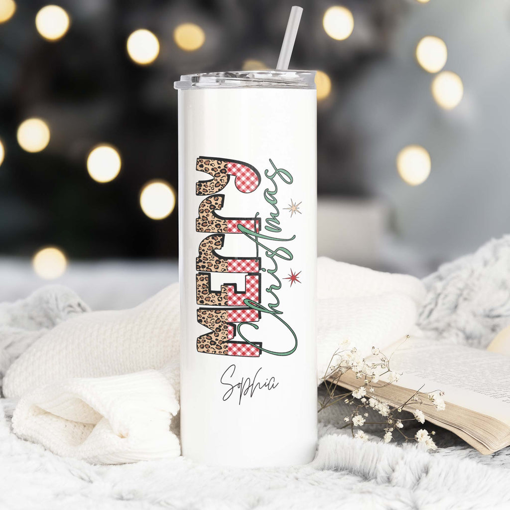 Merry Christmas Animal Print - Stainless Steel Skinny Tumbler With Straw