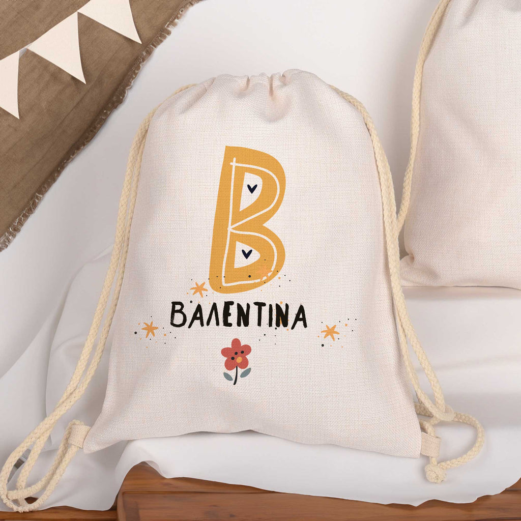 Flowers, Name & Letter - Drawstring Bag Linen