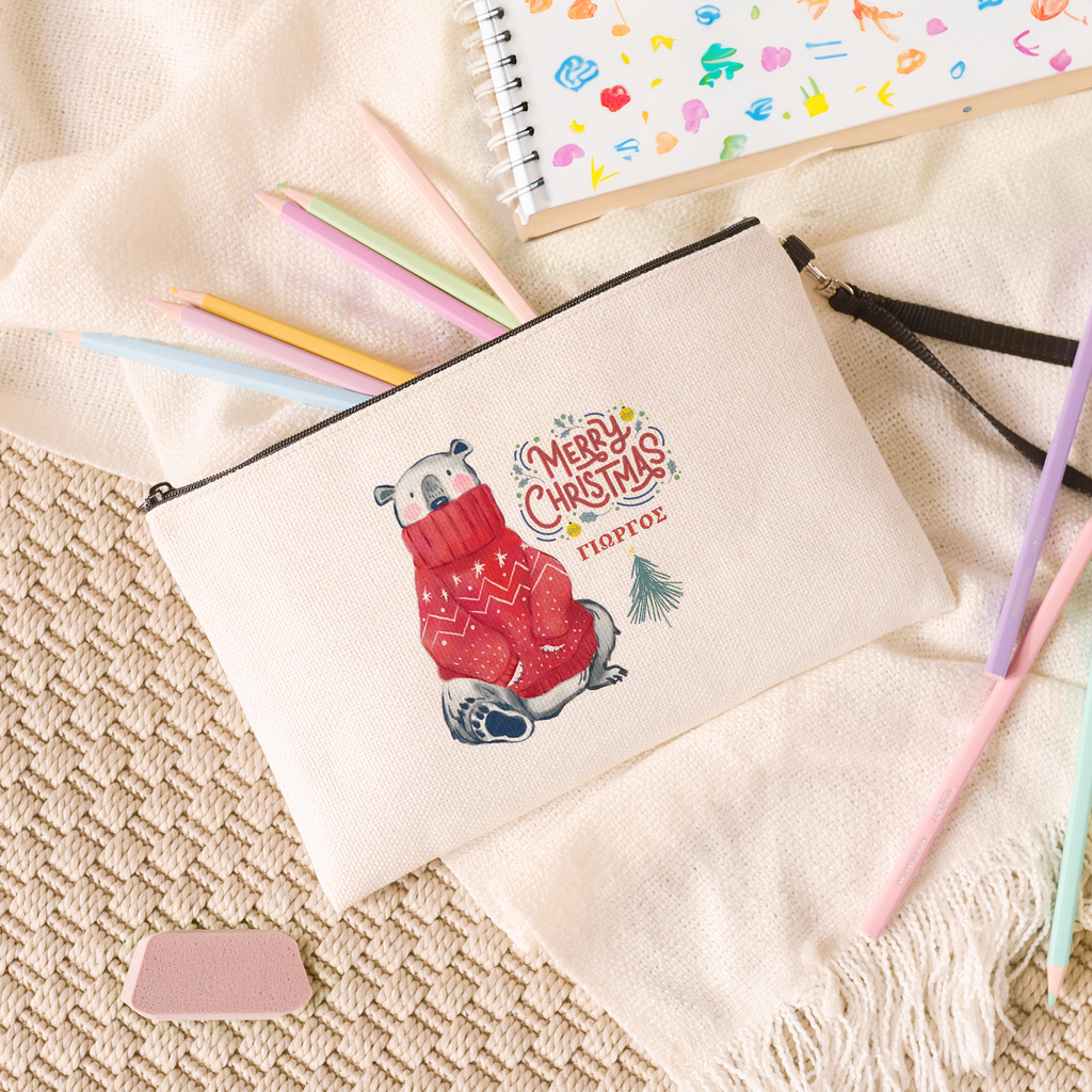 Christmas Bear - Linen Pencil Case