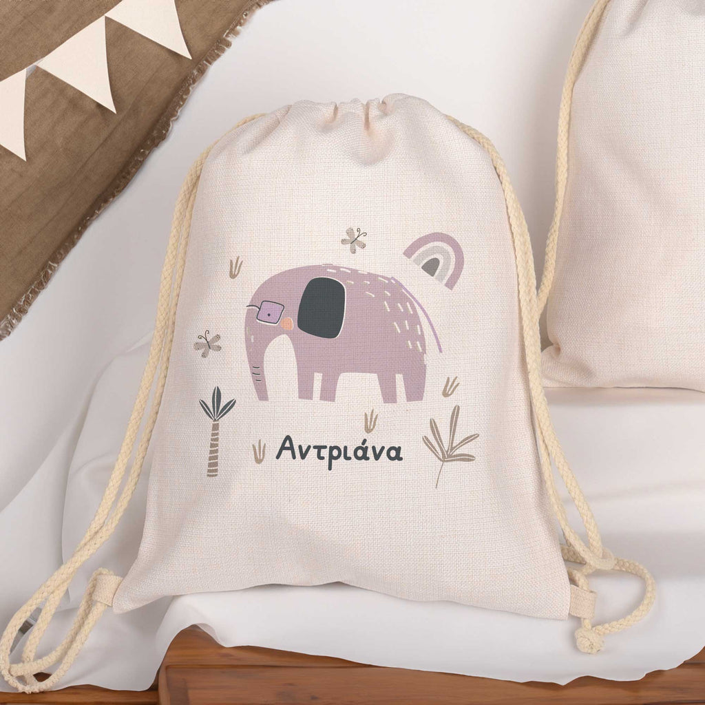 Purple Elephant - Drawstring Bag Linen