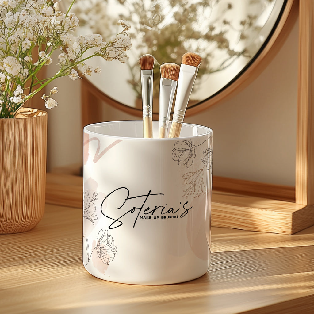 Line Art Flowers - Ceramic Make Up Brush Holder