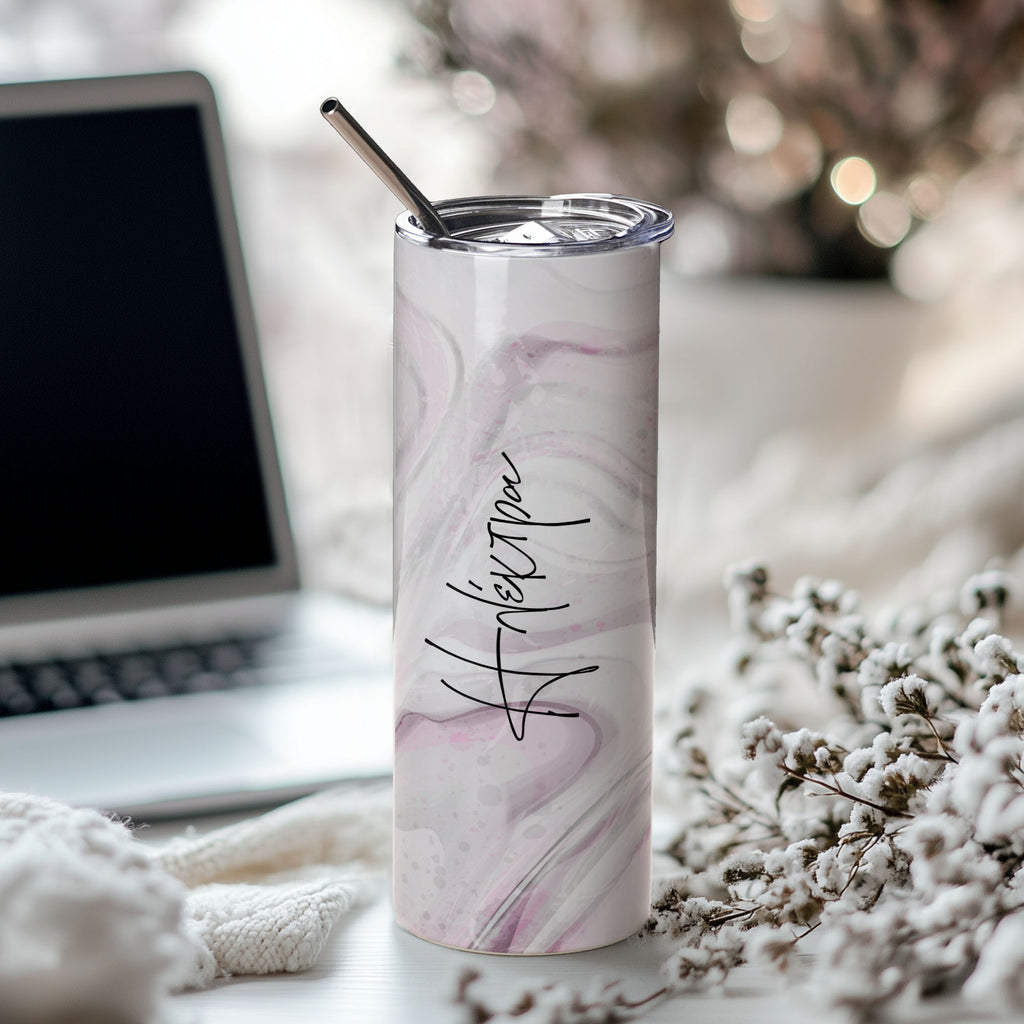 Pink Marble - Stainless Steel Skinny Tumbler With Straw