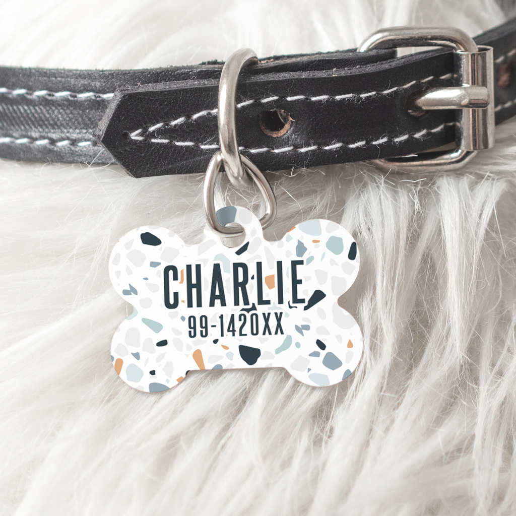 Blue Terrazzo - Metallic Pet Bone Tag